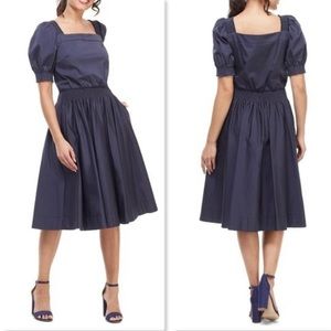 Gal Meets Glam Anastasia Double Square Neck Blue Puff Sleeve Midi Dress Pockets